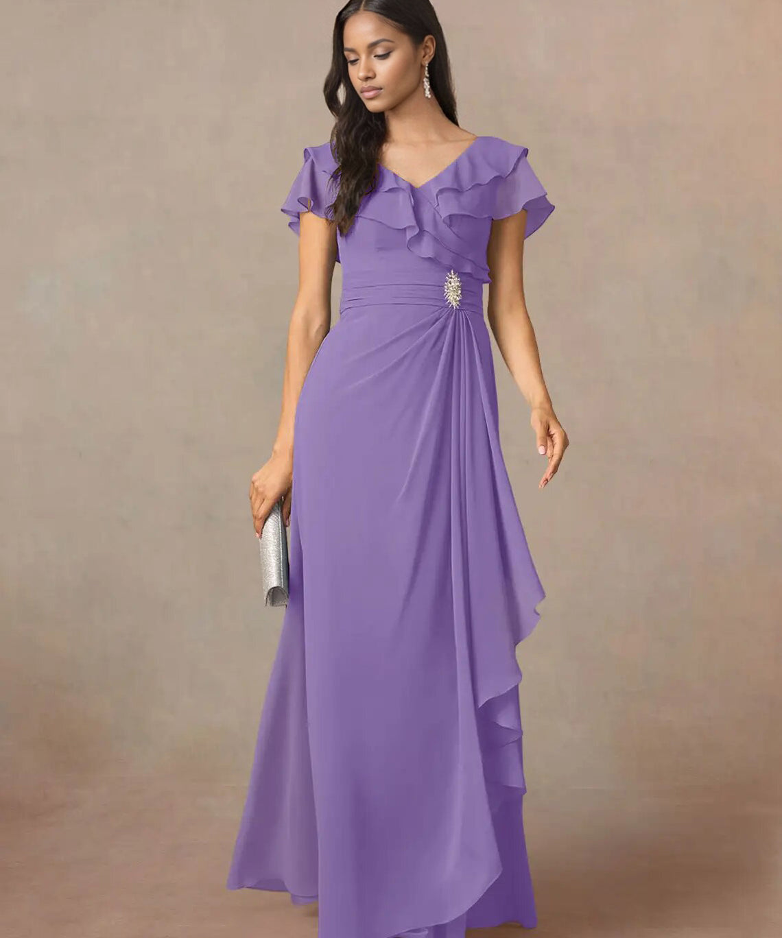 Augday A-Line V-Neck Ruched Chiffon Dress