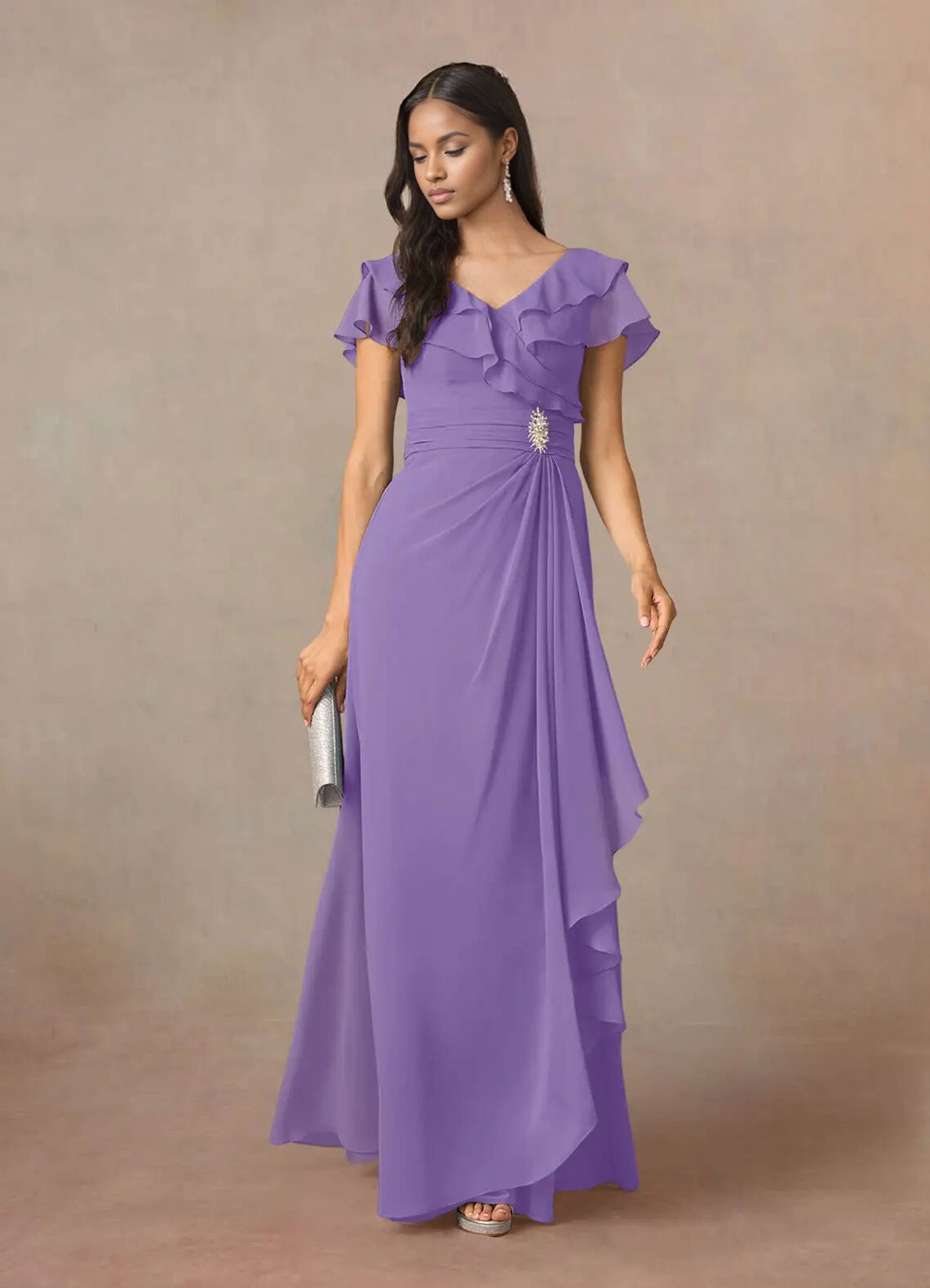 Augday A-Line V-Neck Ruched Chiffon Dress
