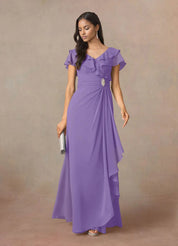 Augday A-Line V-Neck Ruched Chiffon Dress