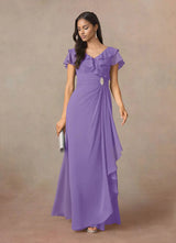 Augday A-Line V-Neck Ruched Chiffon Dress