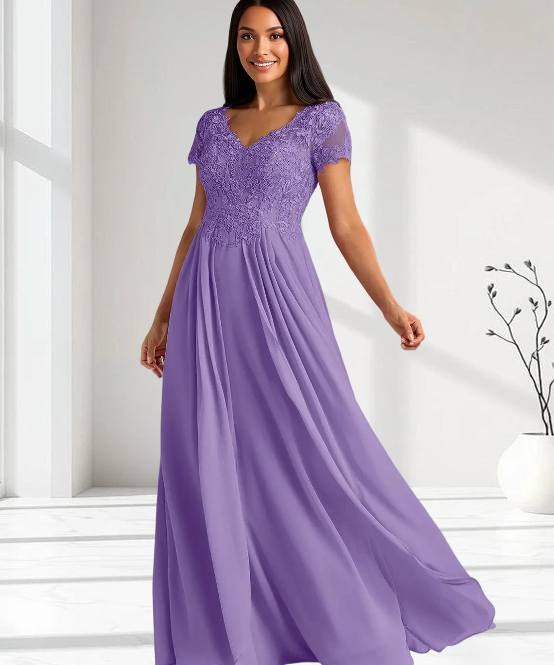 Augday Dunja A-Line V-Neck Lace Chiffon Dress