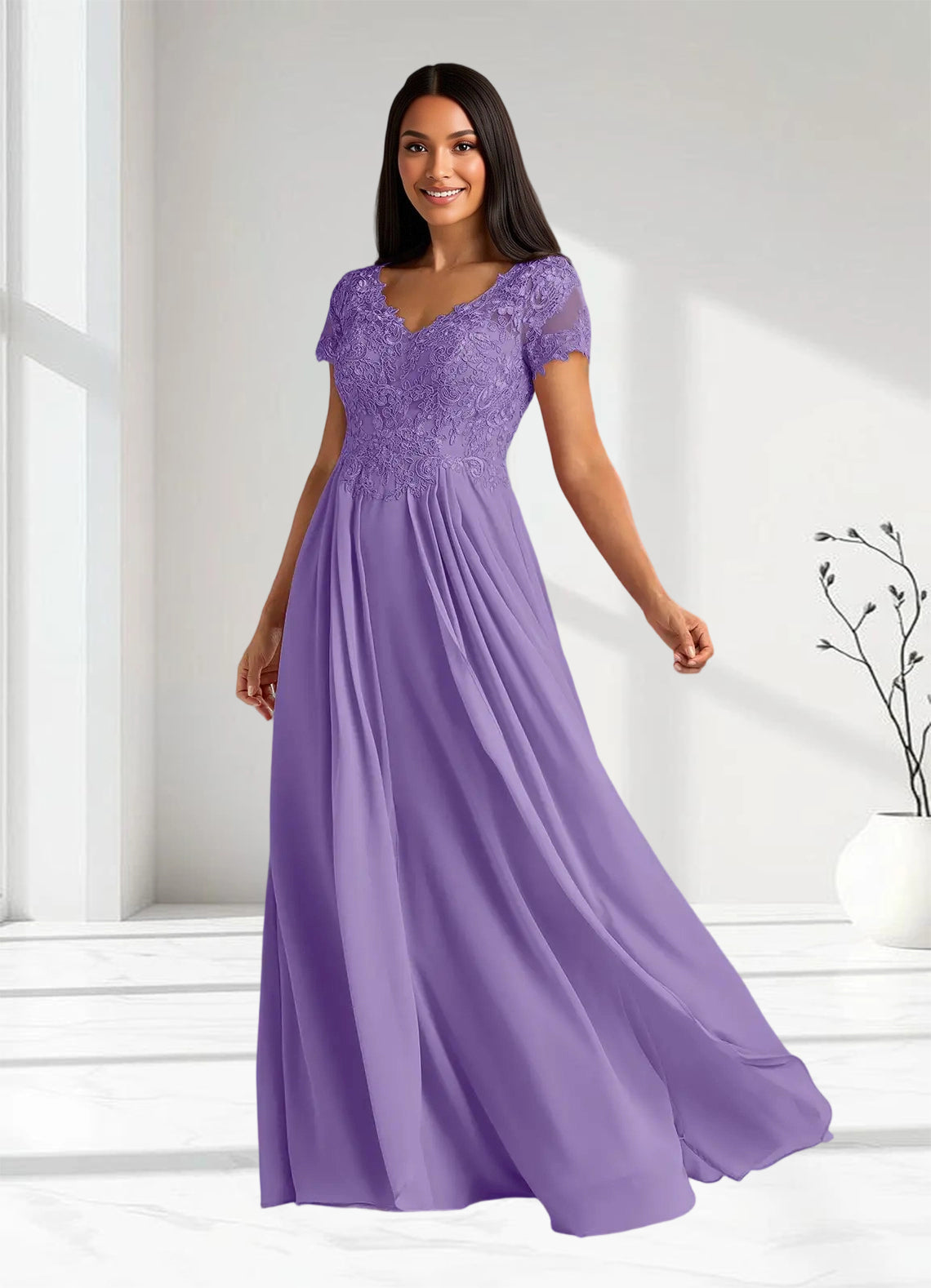 Augday Dunja A-Line V-Neck Lace Chiffon Dress