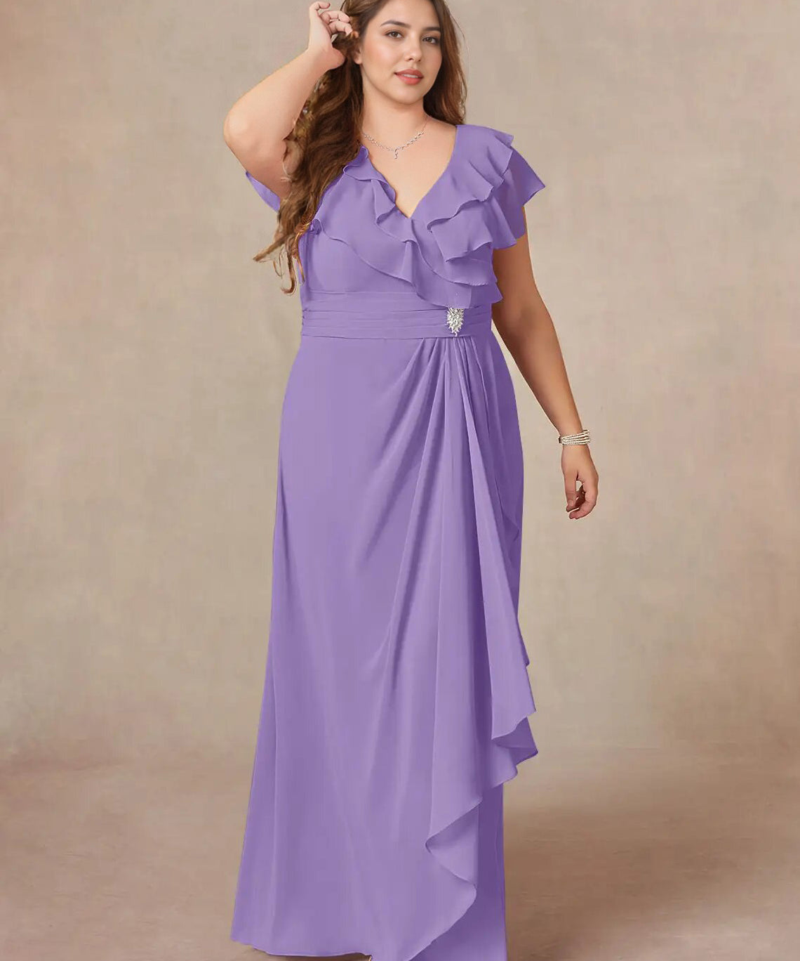 Augday A-Line V-Neck Ruched Chiffon Dress Plus Size
