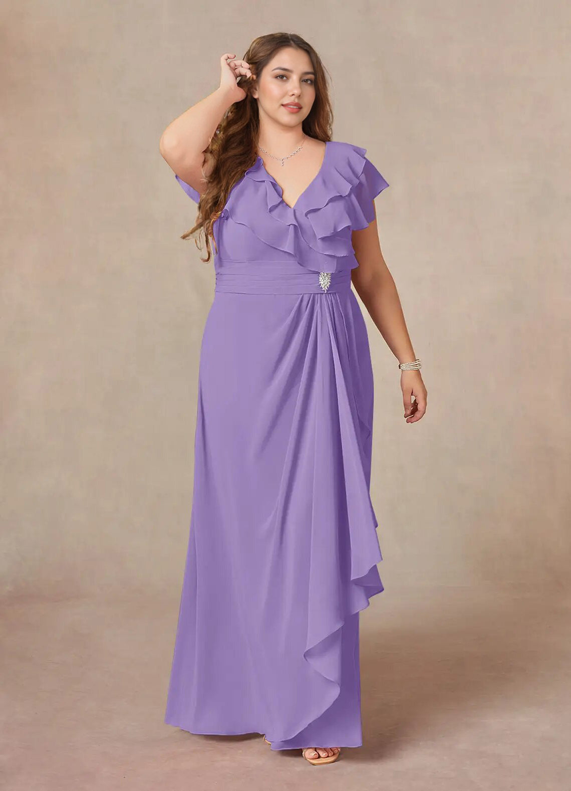 Augday A-Line V-Neck Ruched Chiffon Dress Plus Size