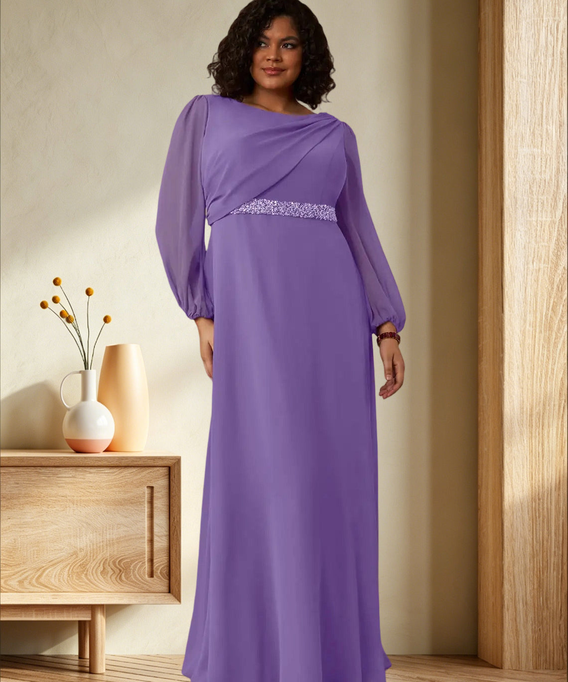 Augday Priyanka A-Line Boatneck Pleated Chiffon Dress
