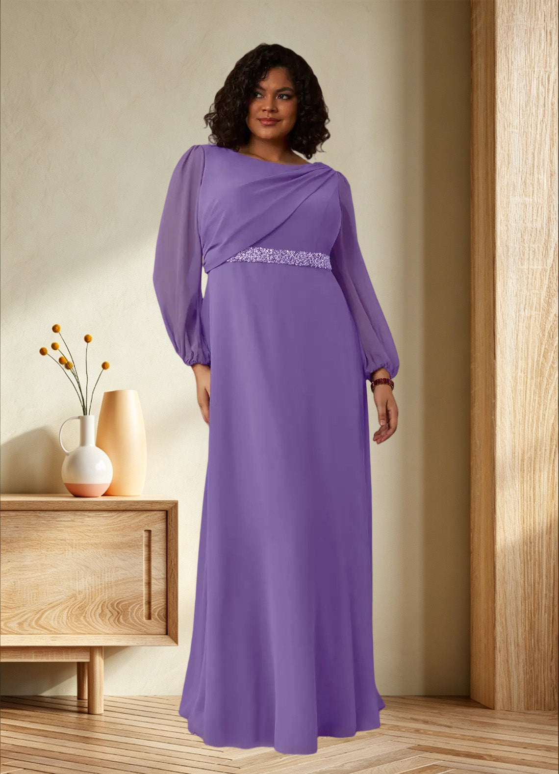 Augday Priyanka A-Line Boatneck Pleated Chiffon Dress