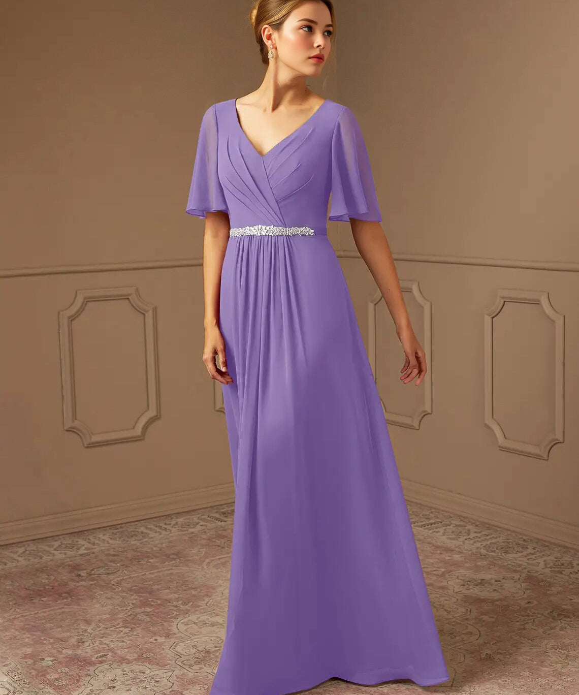 Augday A-Line V-Neck Pleated Chiffon Dress