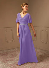 Augday A-Line V-Neck Pleated Chiffon Dress