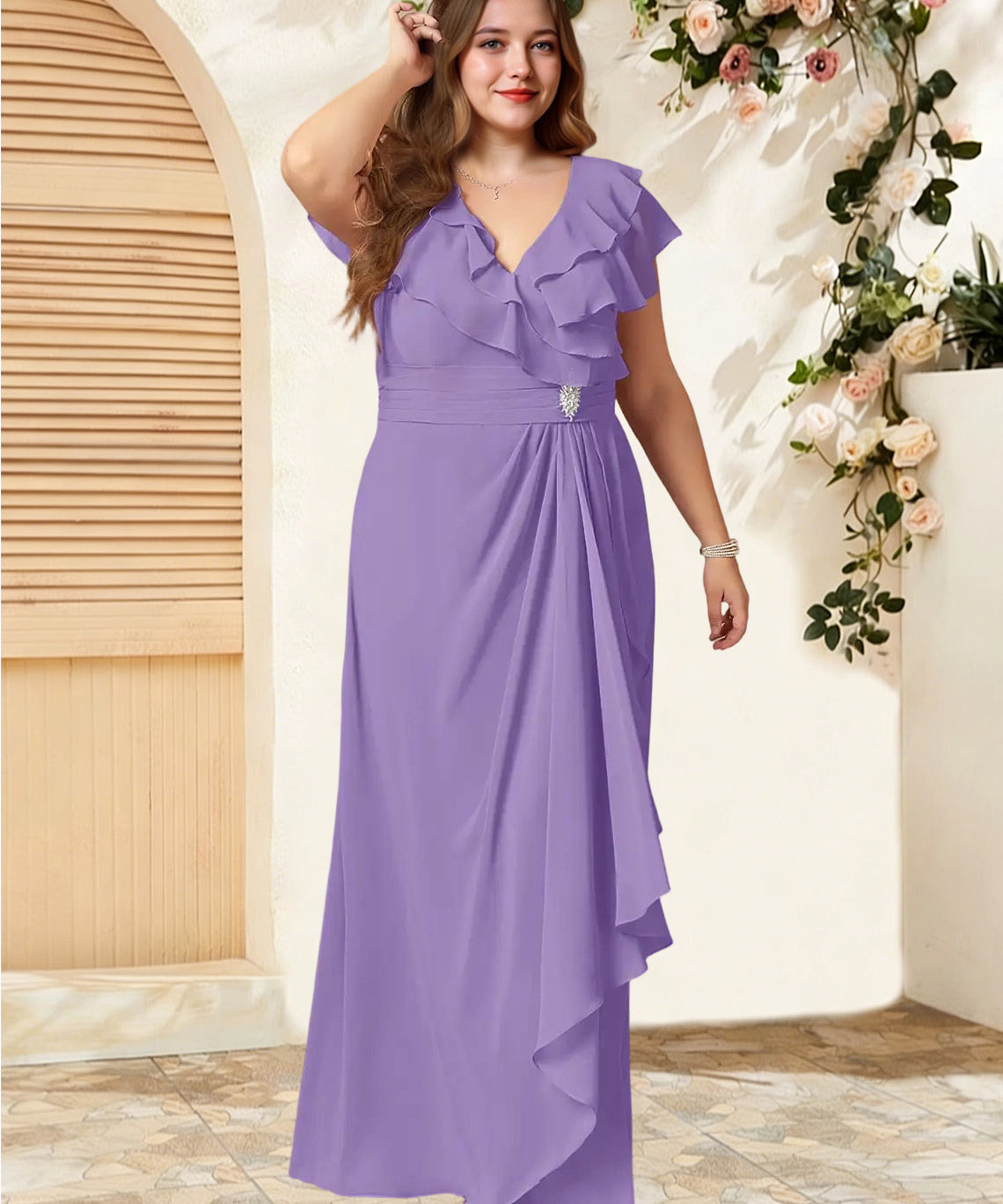 Augday Snapdragon A-Line V-Neck Ruched Chiffon Dress