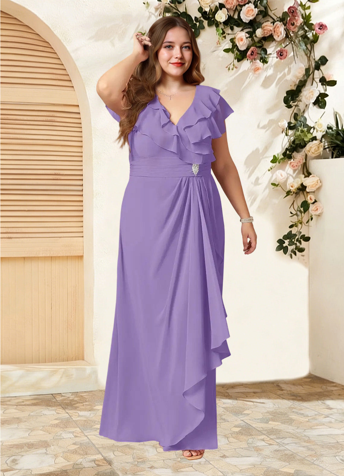 Augday Snapdragon A-Line V-Neck Ruched Chiffon Dress
