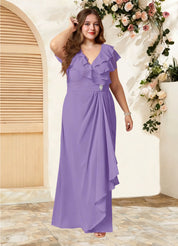 Augday Snapdragon A-Line V-Neck Ruched Chiffon Dress