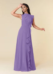 Augday A-Line High Neckline Pleated Chiffon Dress