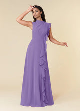 Augday A-Line High Neckline Pleated Chiffon Dress