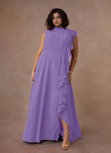 Augday A-Line High Neckline Pleated Chiffon Dress Plus Size