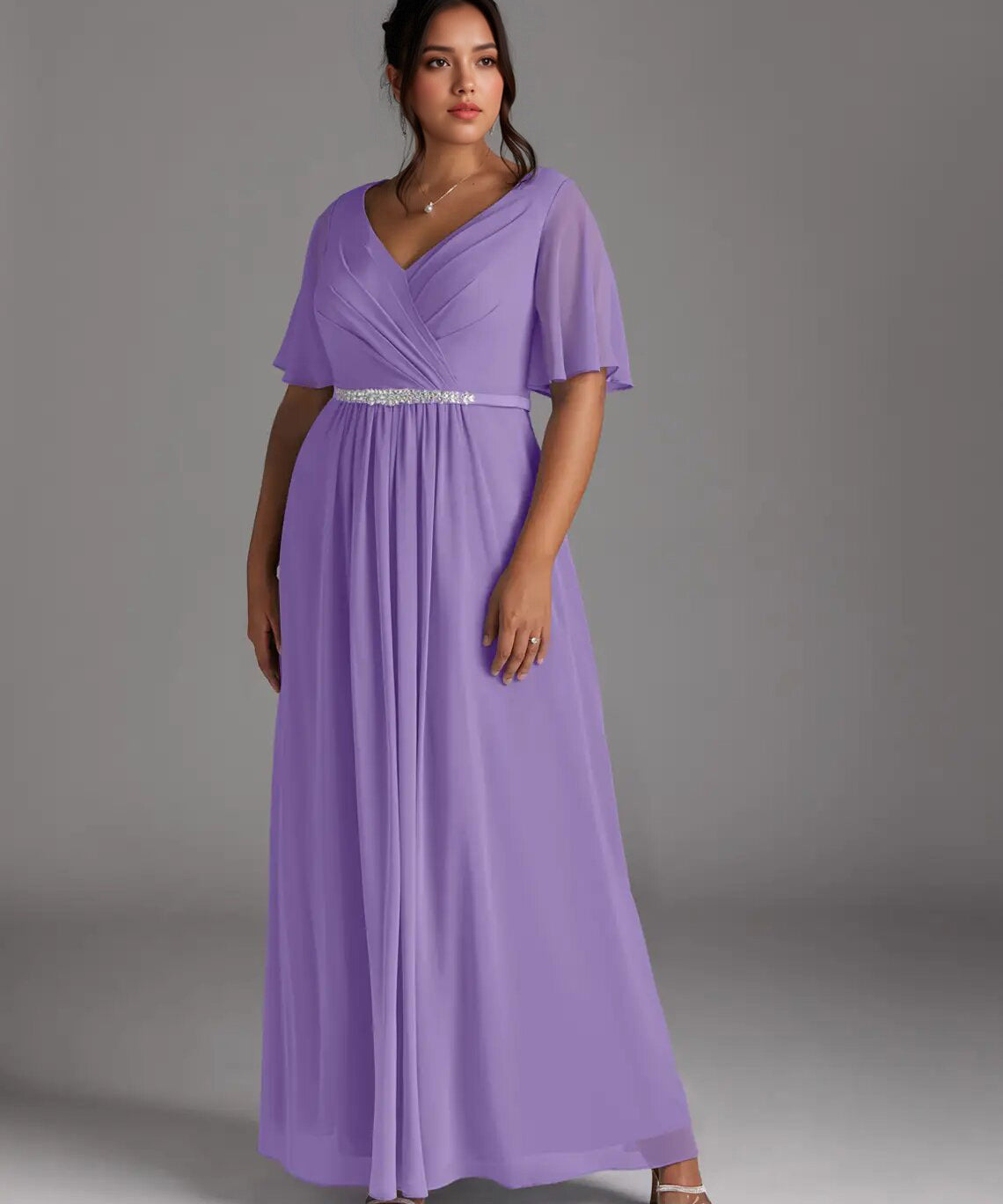 Augday A-Line V-Neck Pleated Chiffon Dress Plus Size