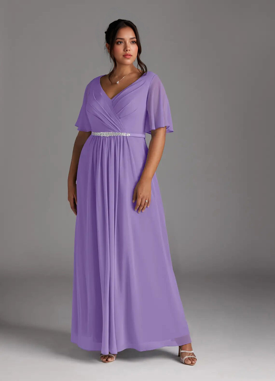 Augday A-Line V-Neck Pleated Chiffon Dress Plus Size