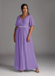 Augday A-Line V-Neck Pleated Chiffon Dress Plus Size