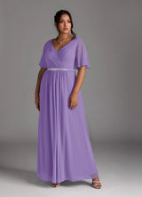 Augday A-Line V-Neck Pleated Chiffon Dress Plus Size