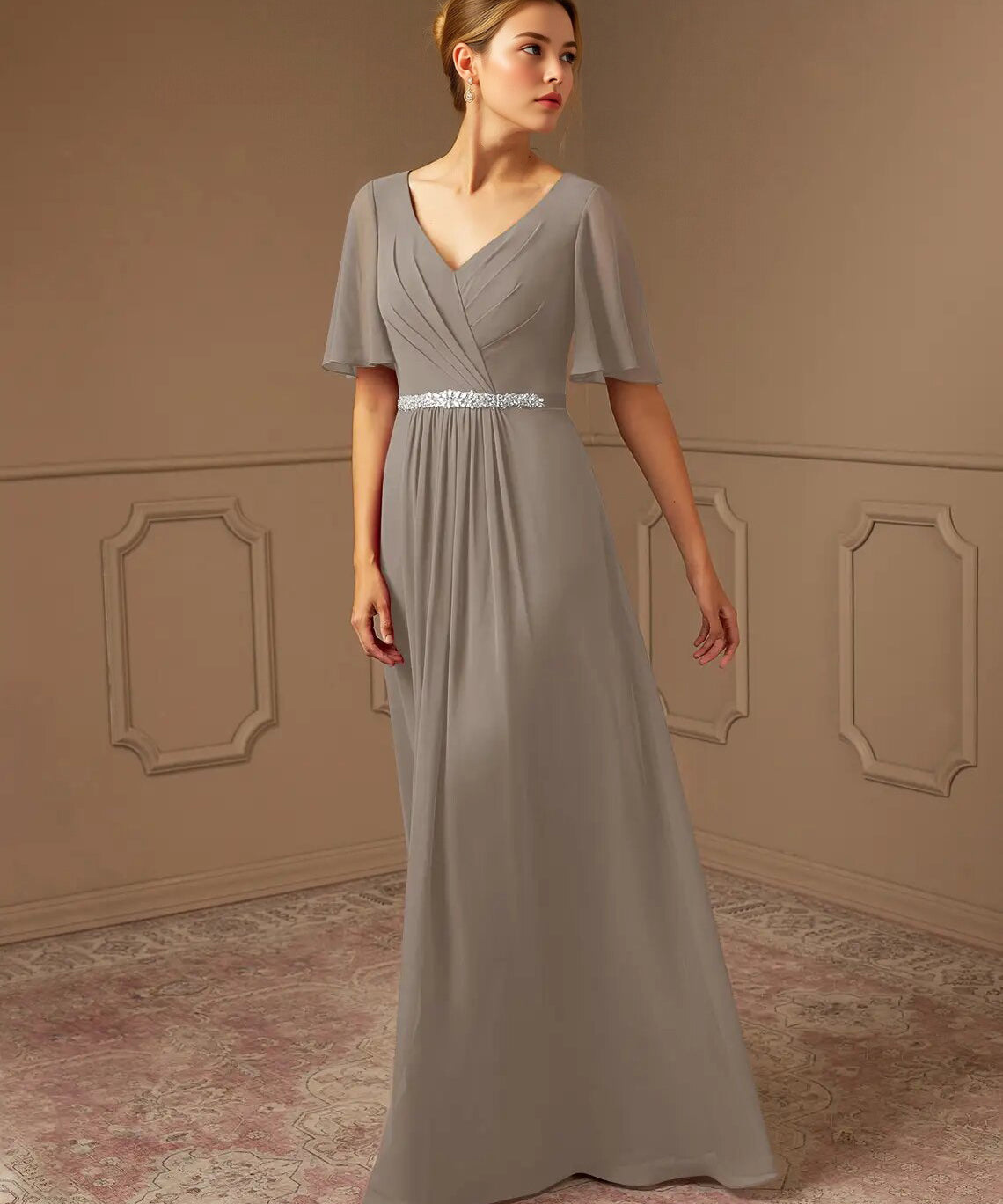Augday A-Line V-Neck Pleated Chiffon Dress