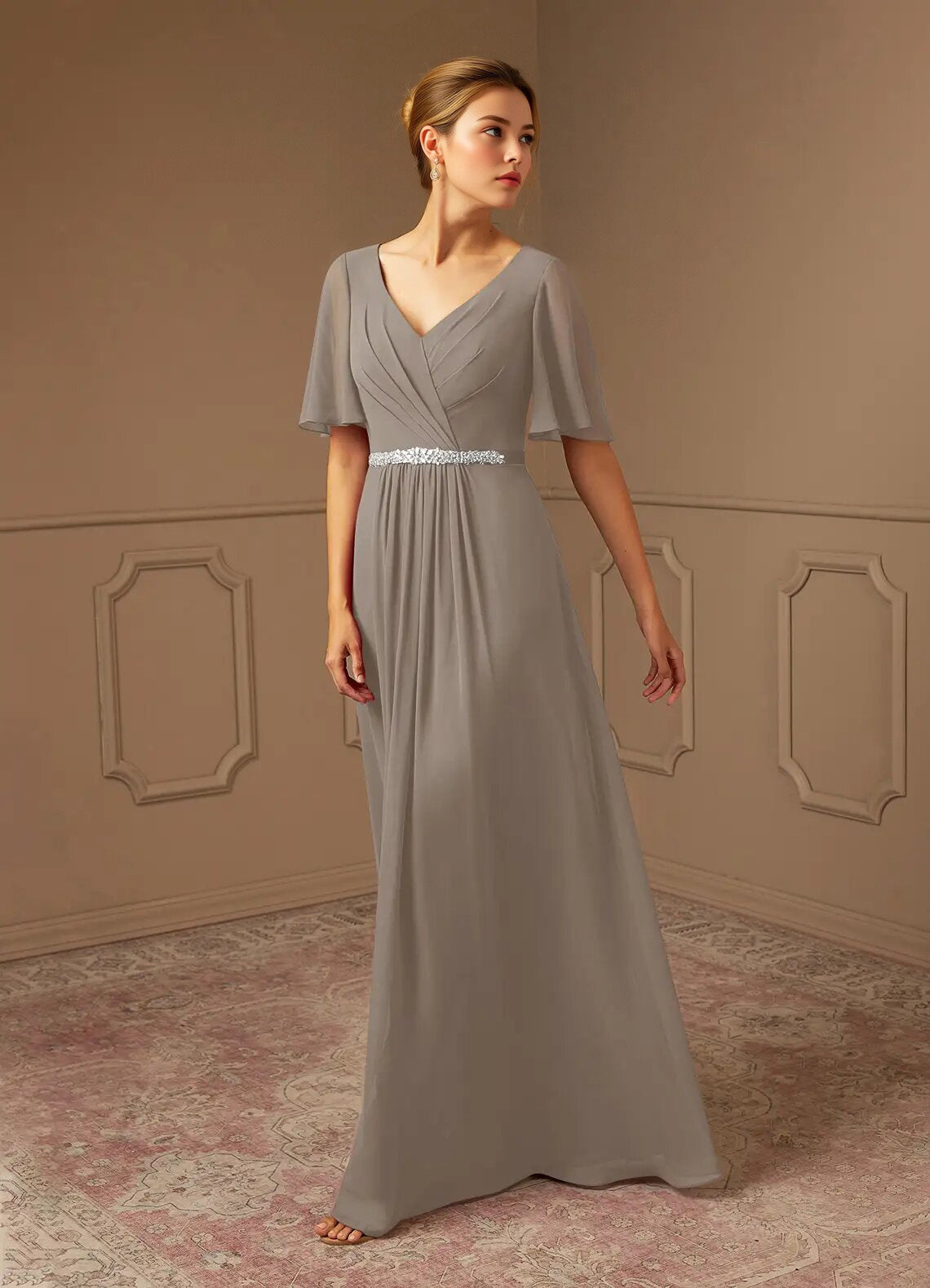 Augday A-Line V-Neck Pleated Chiffon Dress