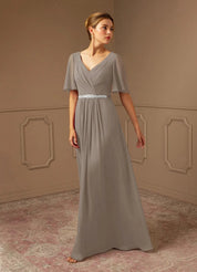 Augday A-Line V-Neck Pleated Chiffon Dress
