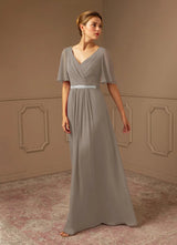 Augday A-Line V-Neck Pleated Chiffon Dress