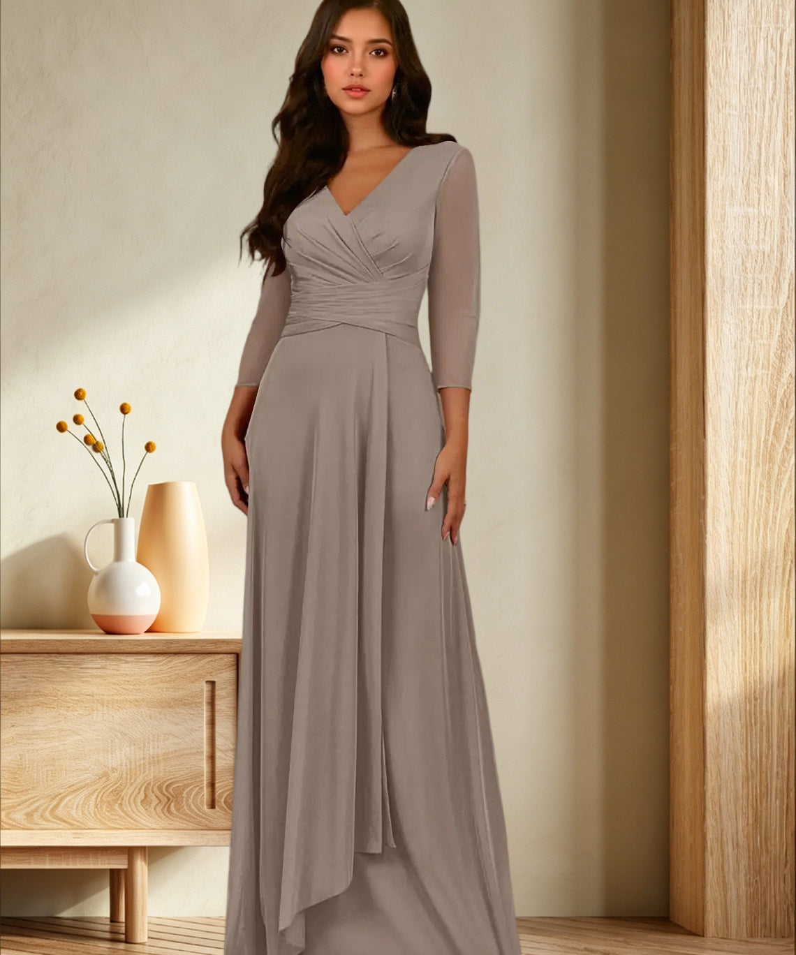 Augday Annetta A-Line V-Neck Pleated Mesh Dress