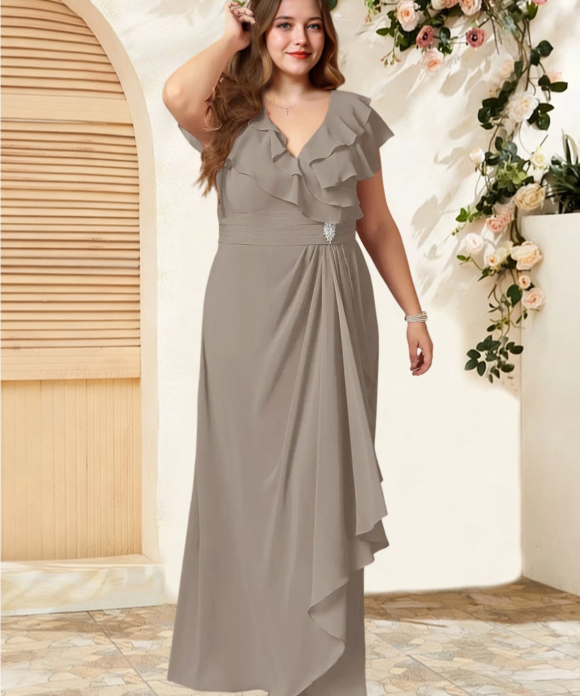 Augday Snapdragon A-Line V-Neck Ruched Chiffon Dress