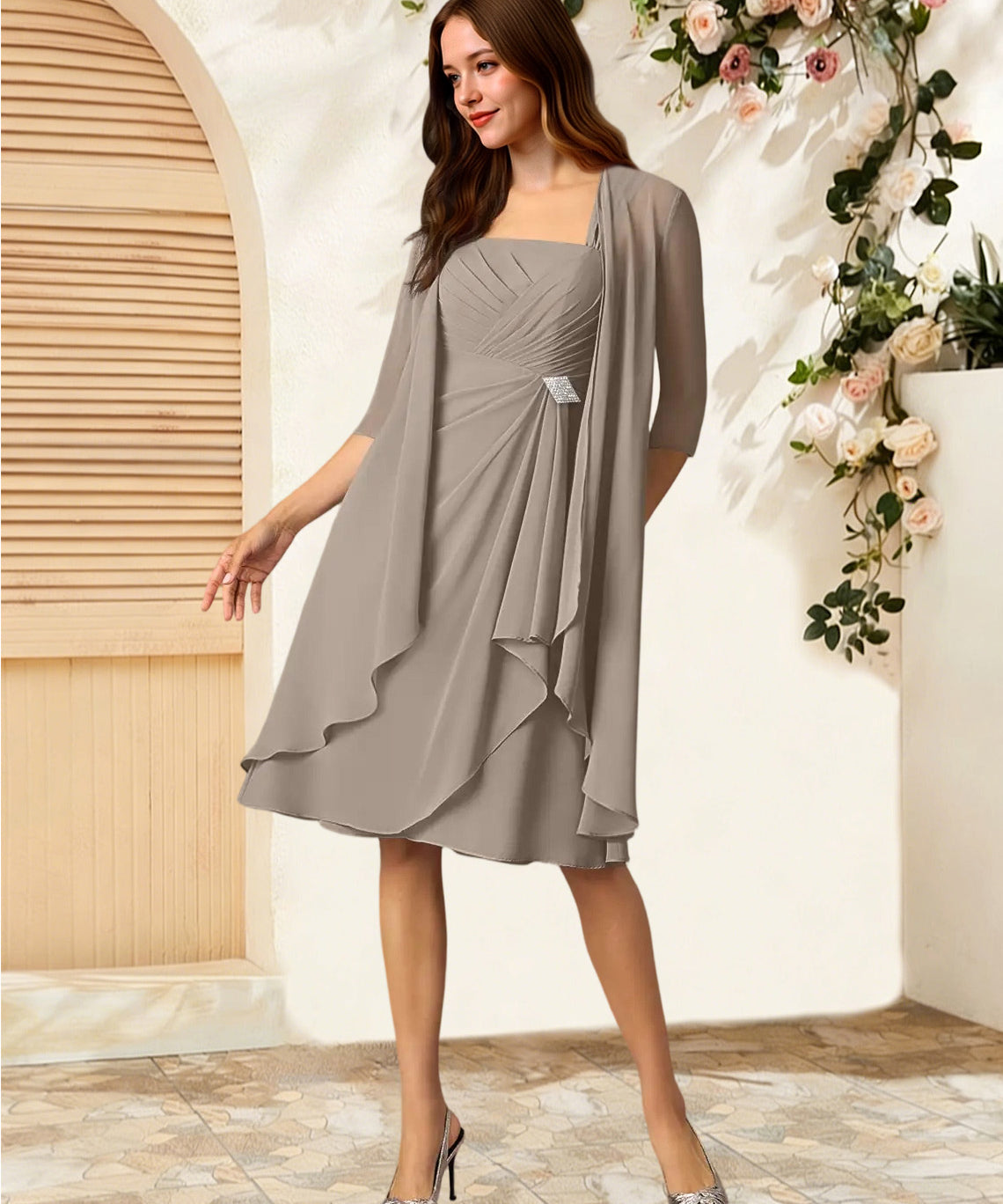 Augday Olivia A-Line Square Neckline Pleated Chiffon Dress