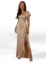 Augday Roya Mermaid V-Neck Pleated Stretch Satin Dress