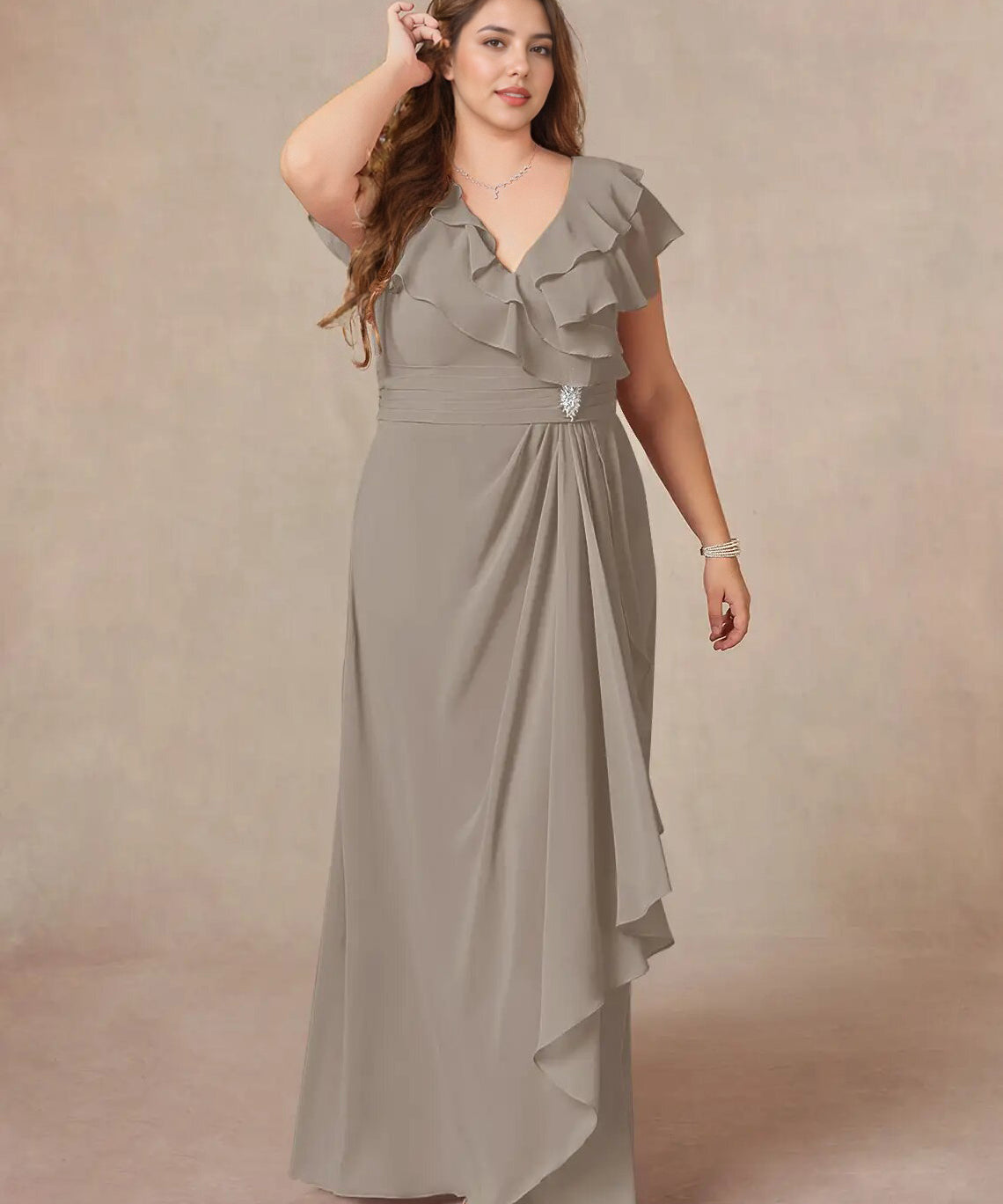 Augday A-Line V-Neck Ruched Chiffon Dress Plus Size
