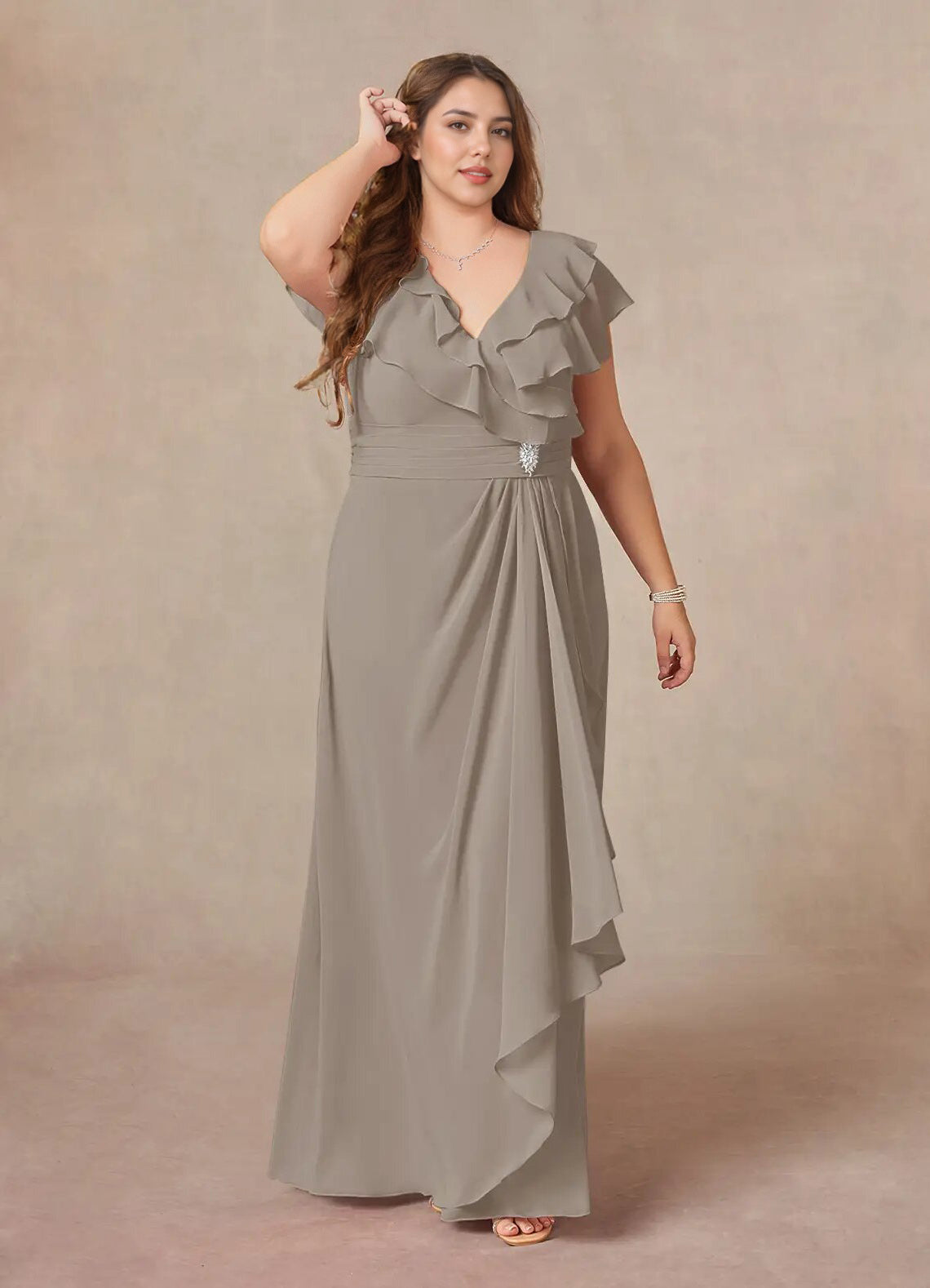 Augday A-Line V-Neck Ruched Chiffon Dress Plus Size