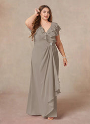 Augday A-Line V-Neck Ruched Chiffon Dress Plus Size