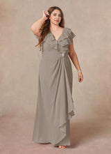 Augday A-Line V-Neck Ruched Chiffon Dress Plus Size