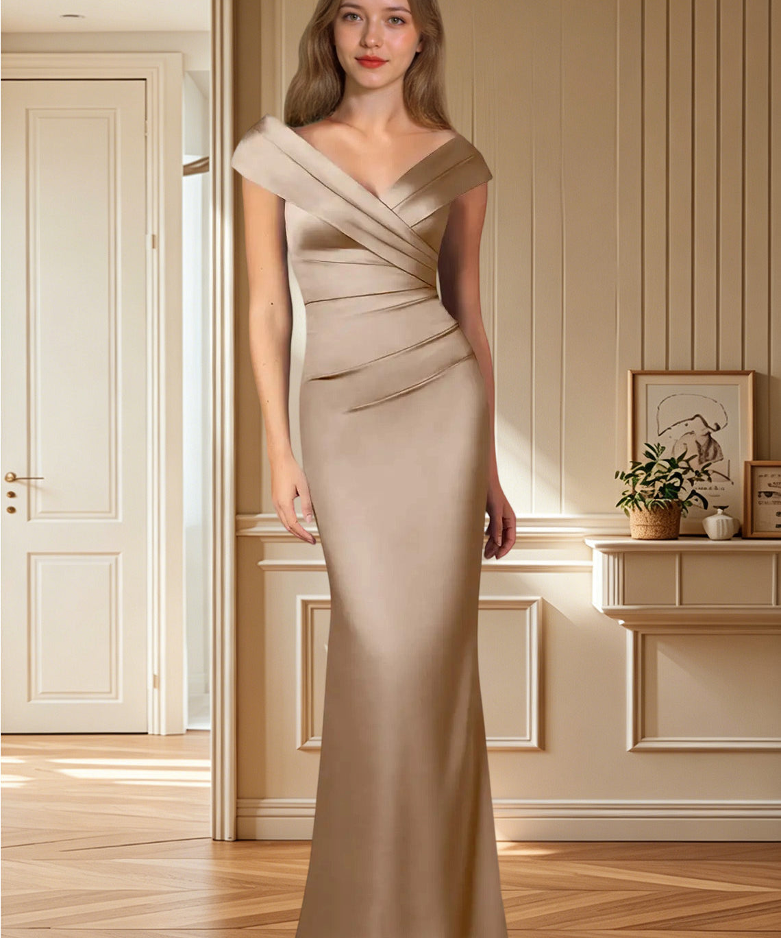 Augday Ludlow Mermaid Pleated Stretch Satin Dress