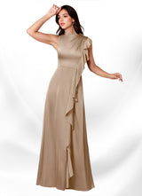 Augday Narine A-Line High Neckline Pleated Stretch Satin Dress