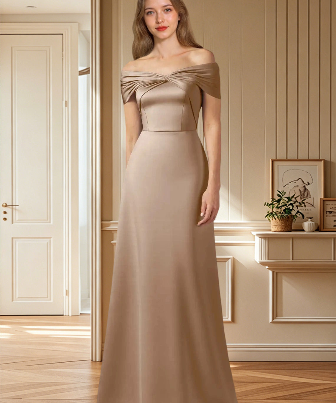 Augday Amelia A-Line Off the Shoulder Stretch Satin Dress