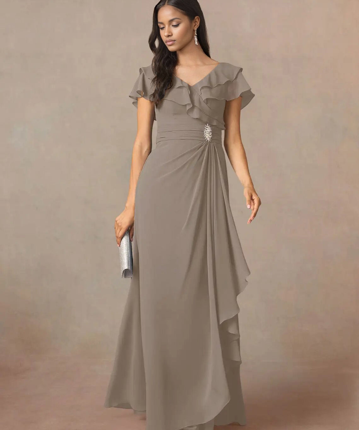 Augday A-Line V-Neck Ruched Chiffon Dress
