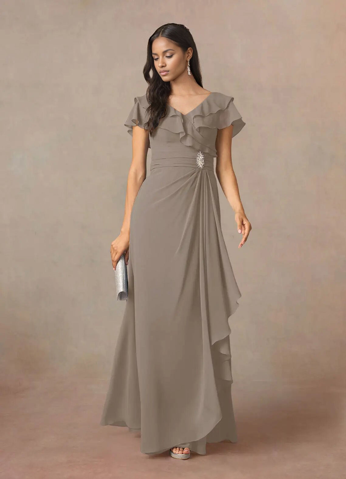 Augday A-Line V-Neck Ruched Chiffon Dress