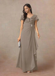 Augday A-Line V-Neck Ruched Chiffon Dress
