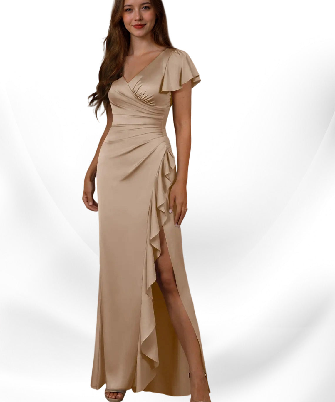 Augday Roya Mermaid V-Neck Pleated Stretch Satin