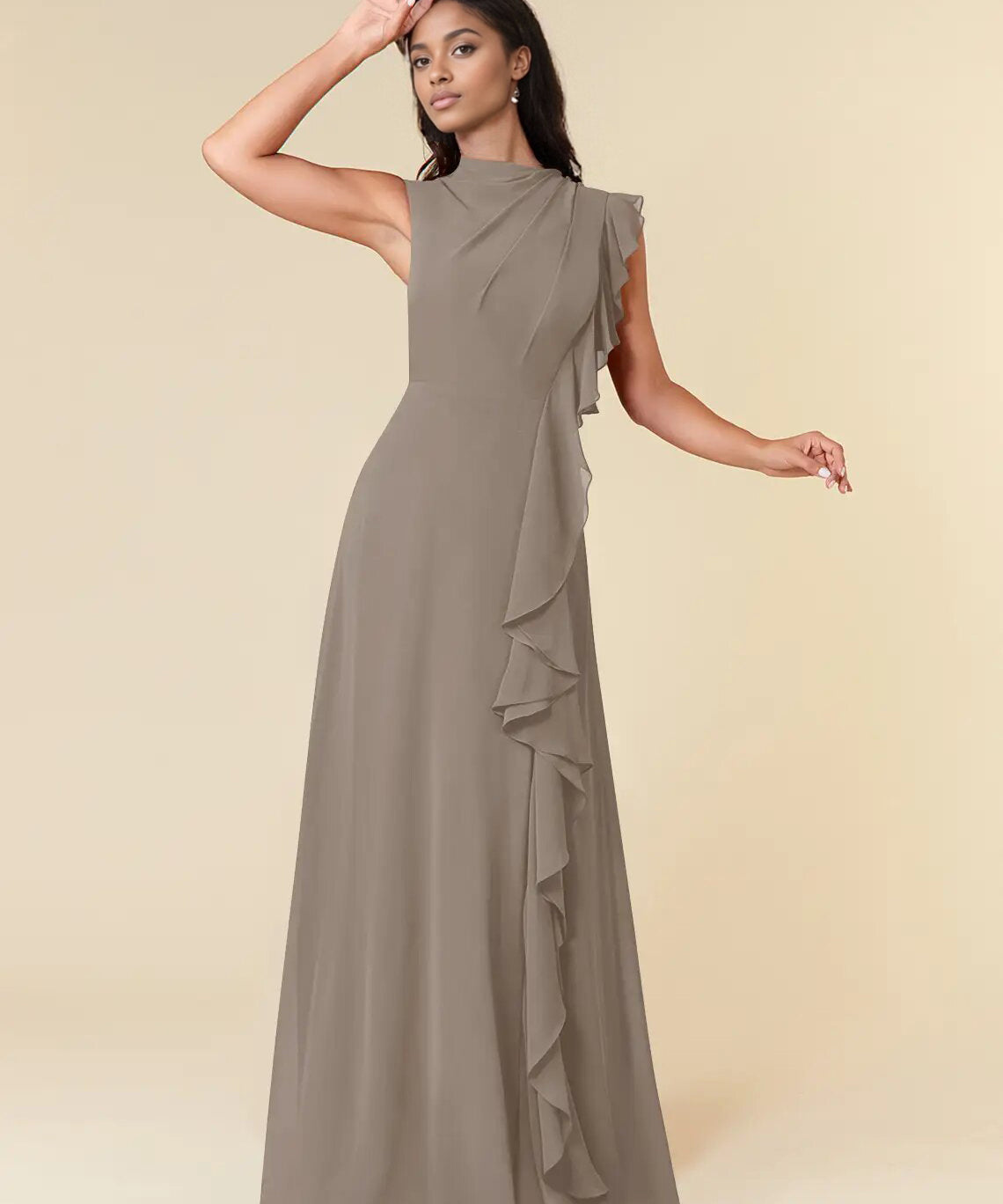Augday A-Line High Neckline Pleated Chiffon Dress