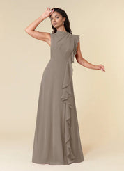 Augday A-Line High Neckline Pleated Chiffon Dress
