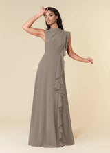 Augday A-Line High Neckline Pleated Chiffon Dress