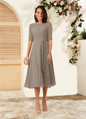 Augday Naomi A-Line Boatneck Pleated Chiffon Dress