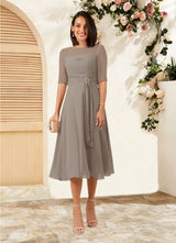 Augday Naomi A-Line Boatneck Pleated Chiffon Dress