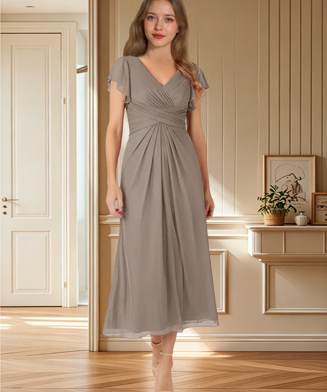 Augday Vera A-Line V-Neck Pleated Mesh Dress