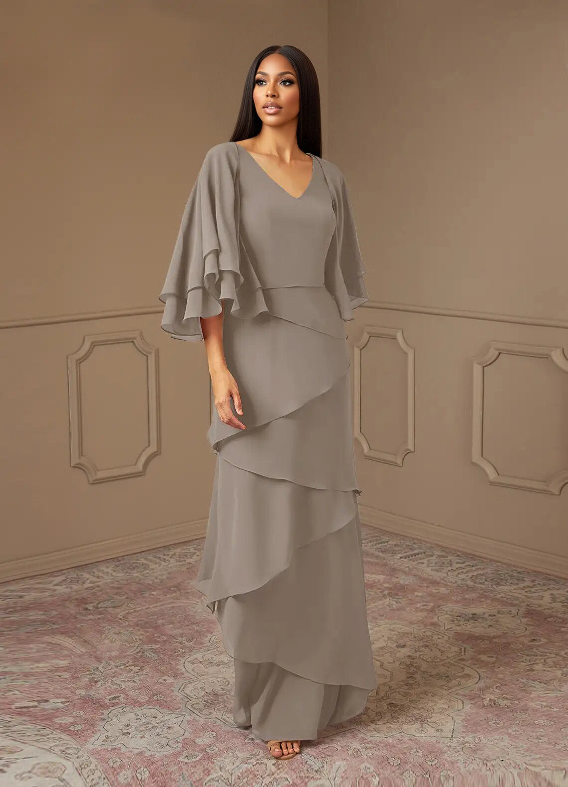 Augday OHara A-Line V-Neck Chiffon Dress