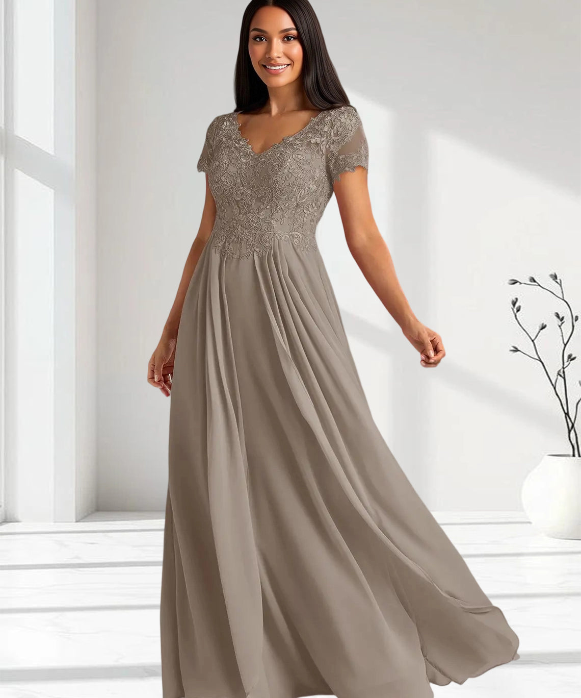 Augday Dunja A-Line V-Neck Lace Chiffon Dress