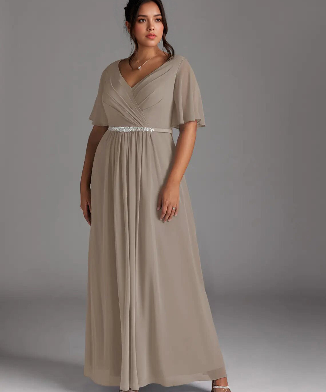 Augday A-Line V-Neck Pleated Chiffon Dress Plus Size